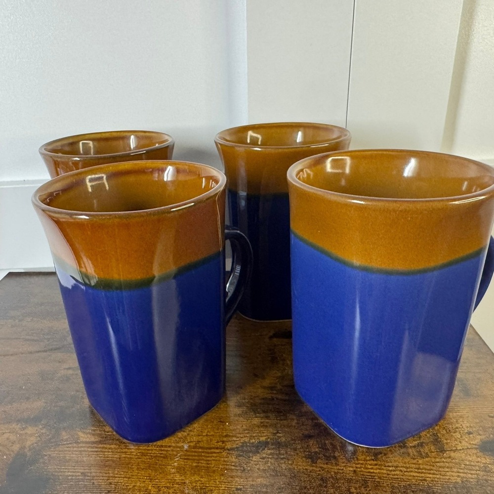 Royal Norfolk Coffee Mugs Set of 4‎ Two Tone Blue Brown Stoneware